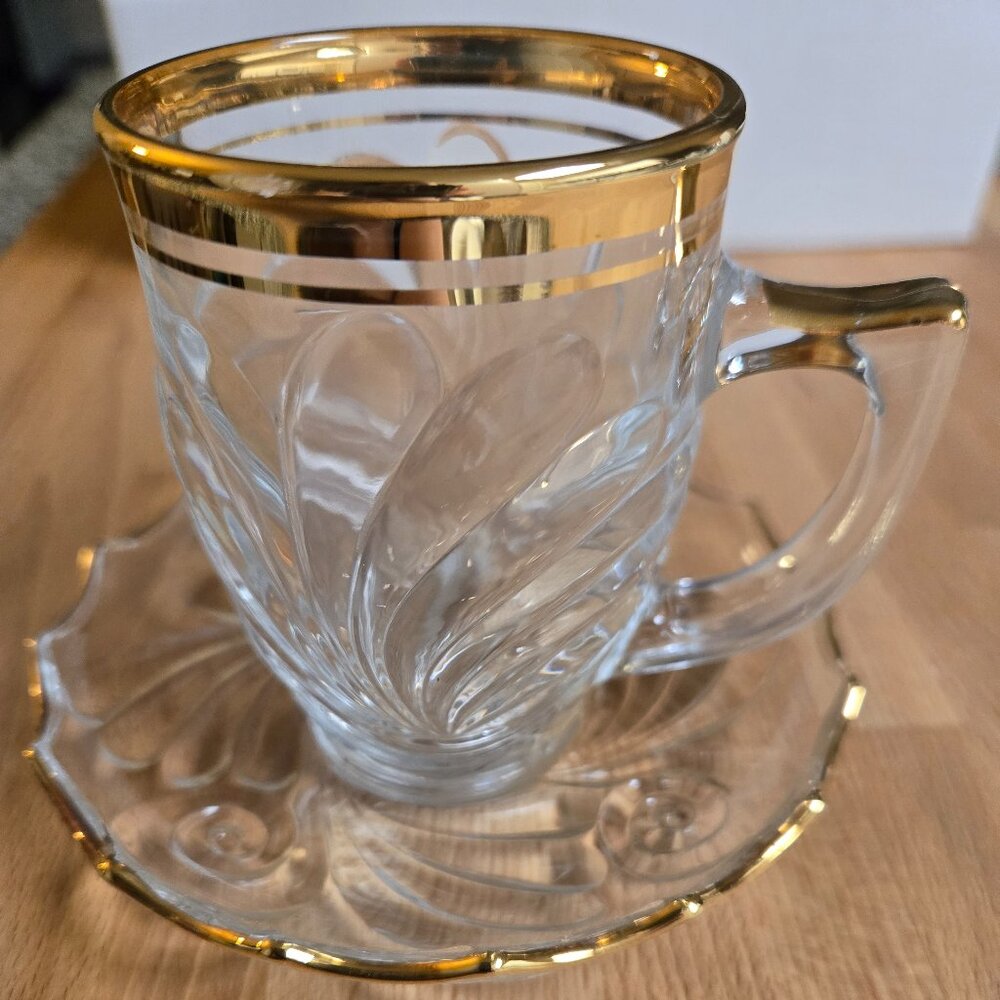 REGENCY 12 Pc Glass and Gold Rim Demitasse Cup and Saucer Set NWT